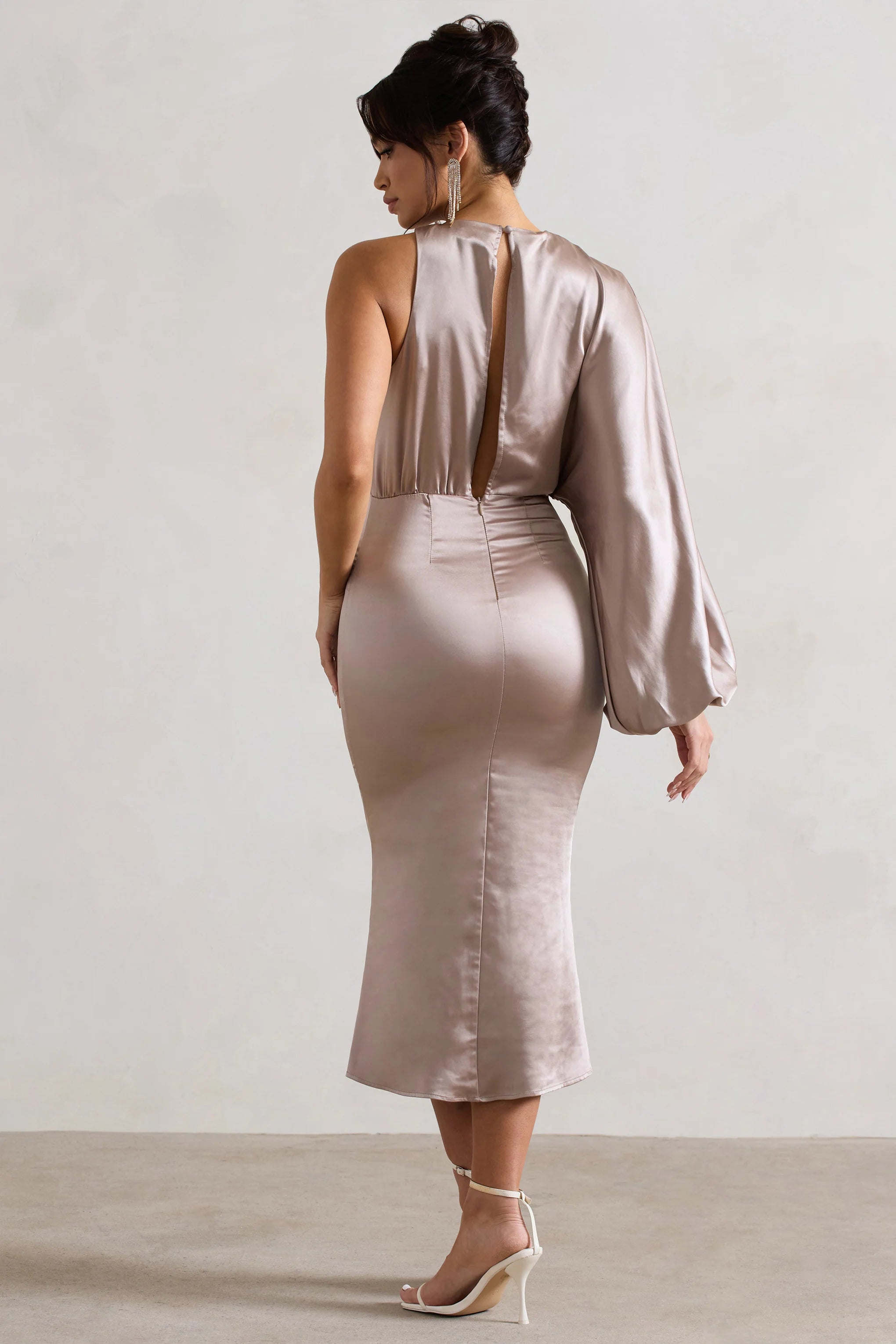 Nola | Taupe Satin One-Sleeve Midi Dress