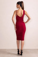 Leona | Burgundy Asymmetric Cowl Neck Midi Dress With Ruching Detail