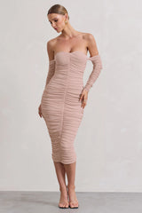 Indy | Champagne Ruched Strapless Long-Sleeve Midi Dress