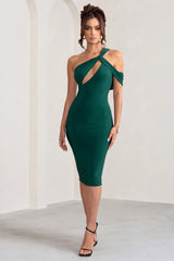 Ella | Bottle Green Asymmetric Neck Cut Out Midi Dress