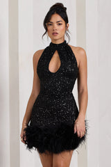 Tillie | Black Sequin High Neck Trapeze Mini Dress With Feather Hem Detail