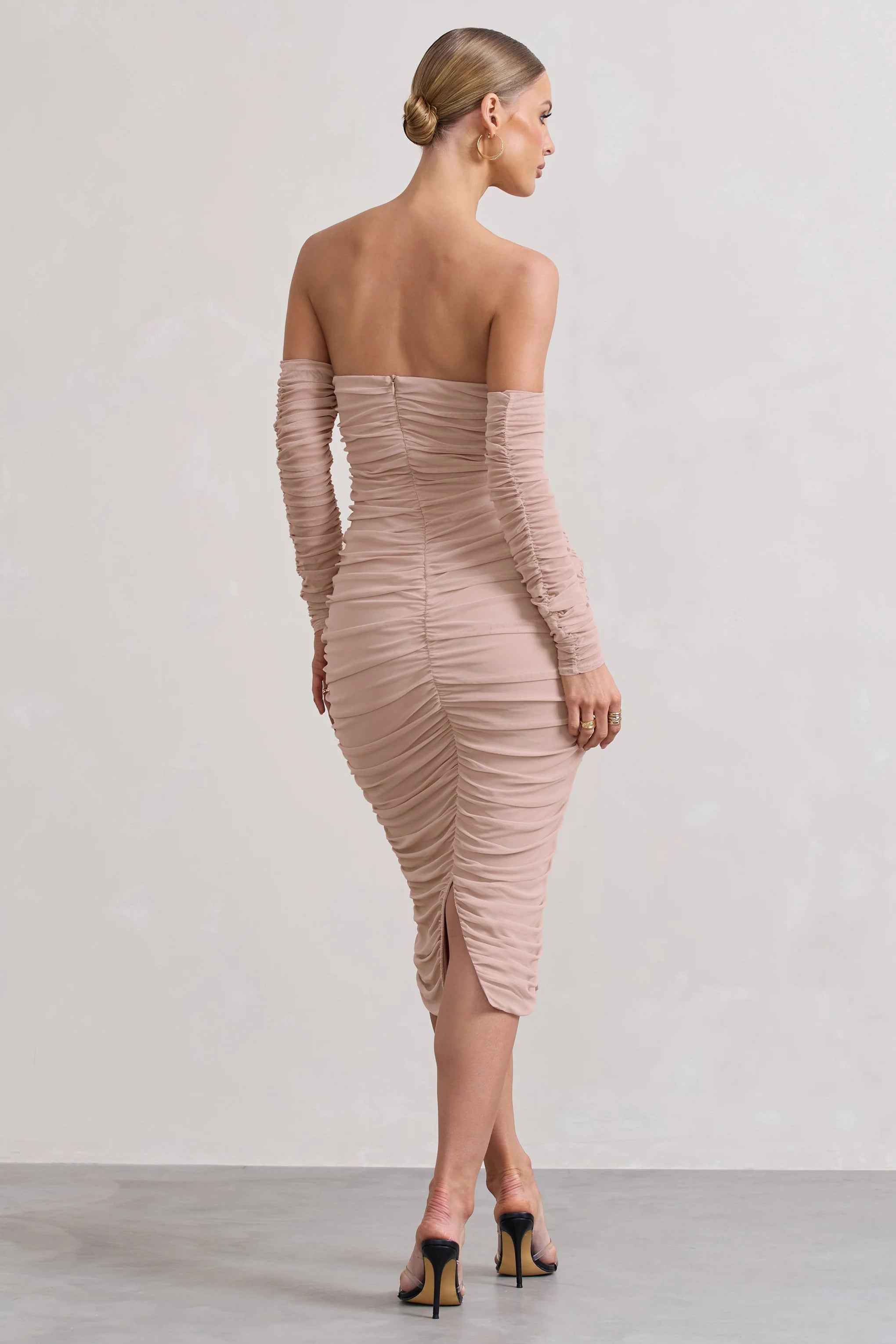 Indy | Champagne Ruched Strapless Long-Sleeve Midi Dress