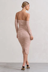 Indy | Champagne Ruched Strapless Long-Sleeve Midi Dress