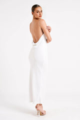 Adela Cowl Midi Dress With Pearl Trim - White