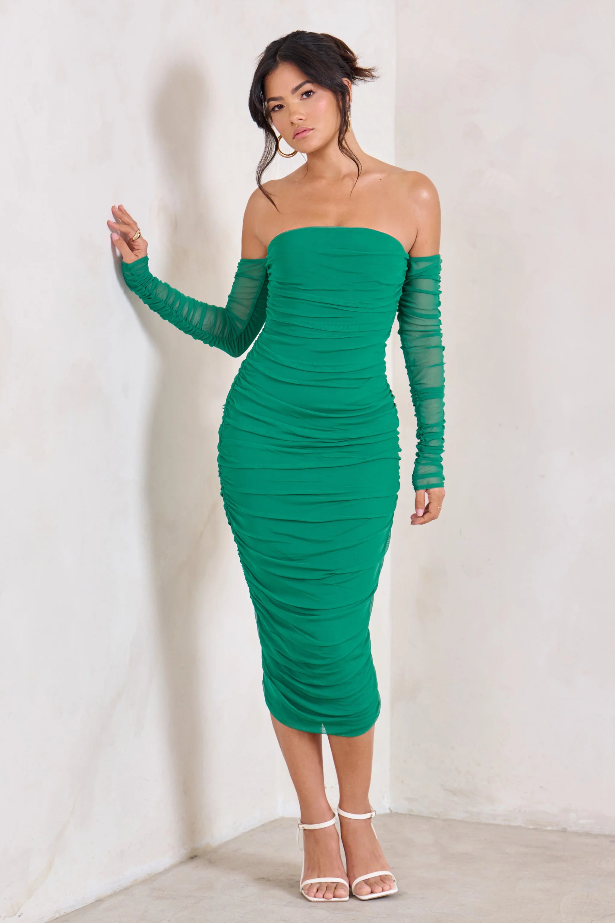 Sorella | Green Ruched Mesh Bardot Midi Dress