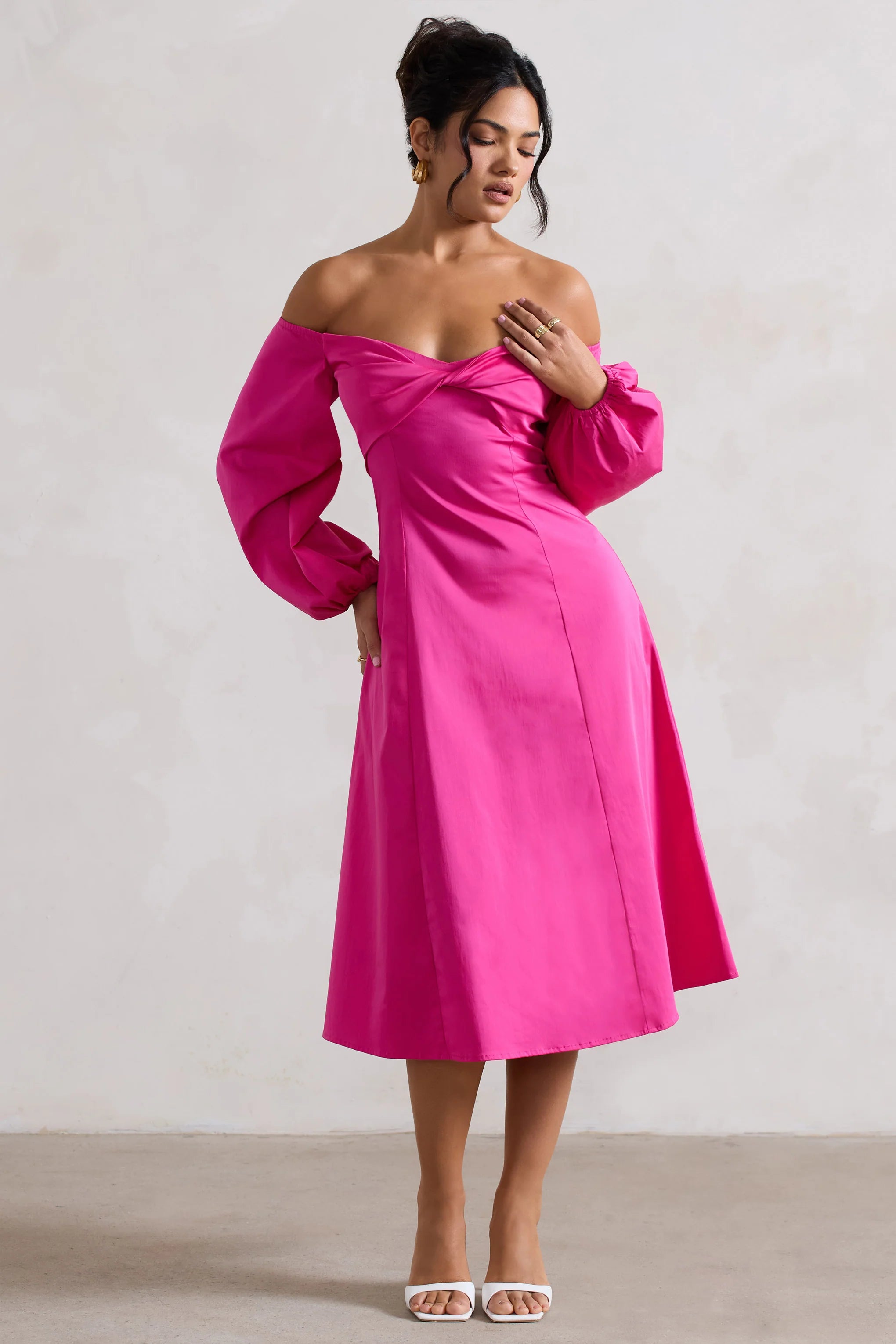 Santino | Bright Plum Twisted Bardot Puff-Sleeve Midi Dress