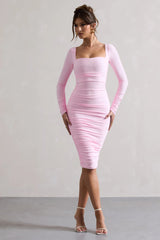 Seductress | Pink Long Sleeve Square Neck Ruched Midi Dress