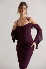 Quinn | Dark Cherry Ruched Strappy Long-Sleeved Midi Dress With Ruffles