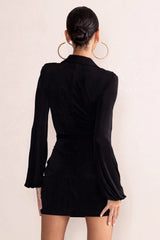 Hot Breeze | Black Plunge Neck Belt Detail Puff Sleeves Mini Dress