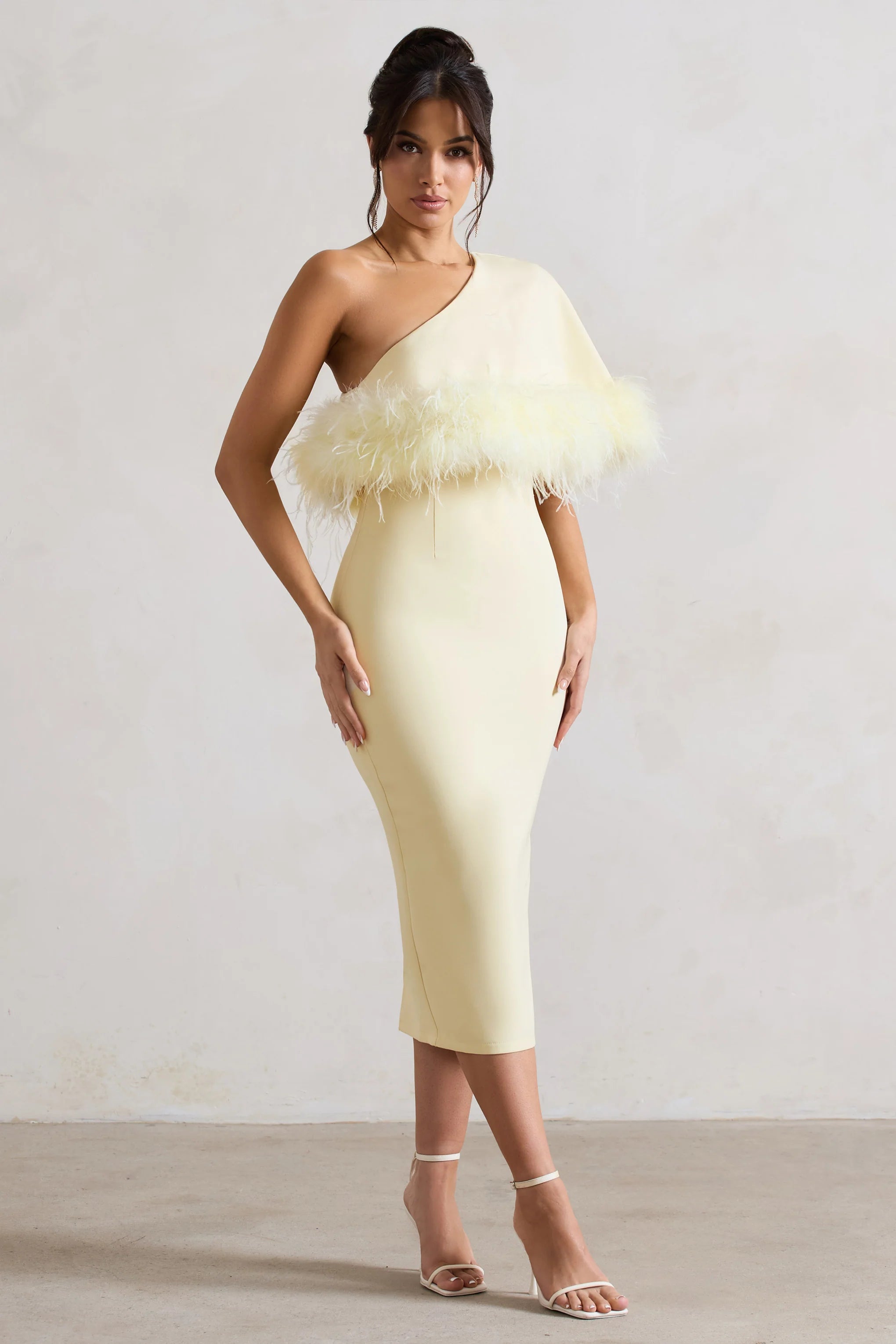 Victory | Lemon One Shoulder Midi Dress With Feather Trim