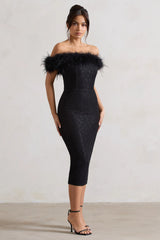 Maiden | Black Lace Bardot Midi Dress With Feather Trim