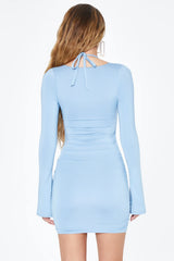 Long Sleeve Halterneck Mini Dress in Blue