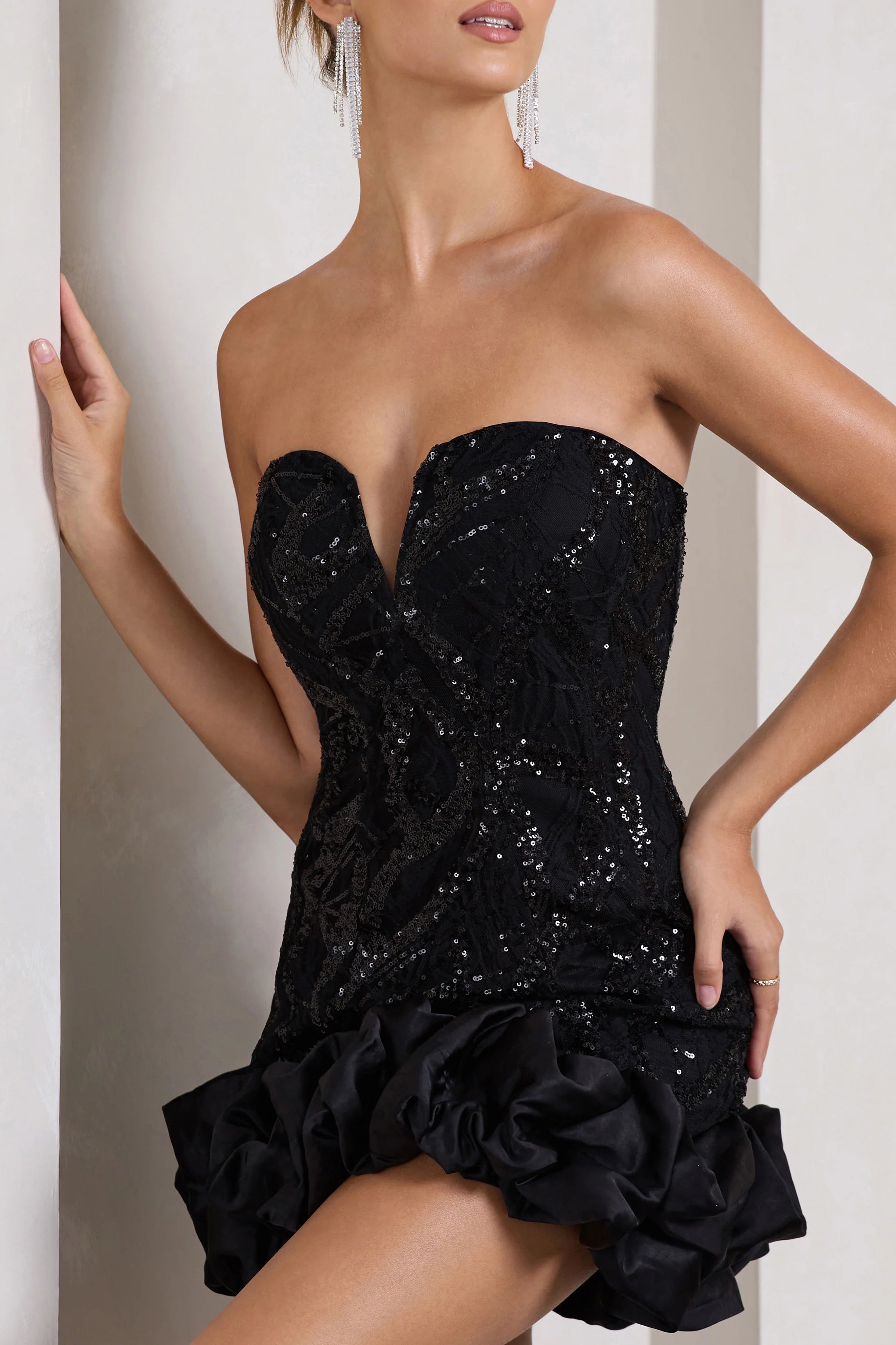 Nadia | Black Sequin Strapless Mini Dress With Ruffle Trim