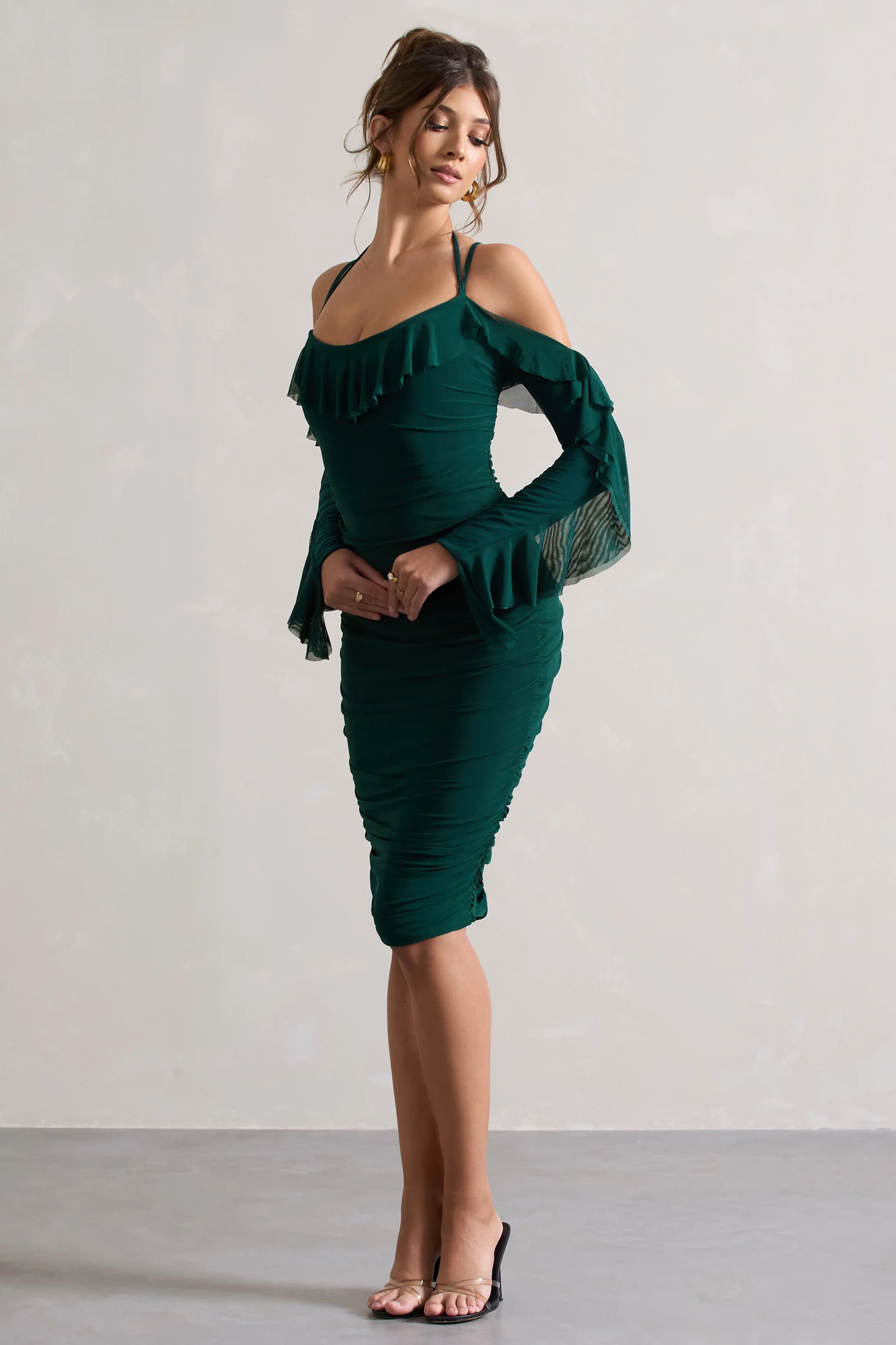 Quinn | Bottle Green Ruched Strappy Long-Sleeved Midi Dress With Ruffles