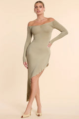 Long Sleeve Off-The-Shoulder Modal Cashmere Blend Maxi Dress in Taupe