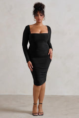 Seductress | Black Long Sleeve Square Neck Ruched Midi Dress