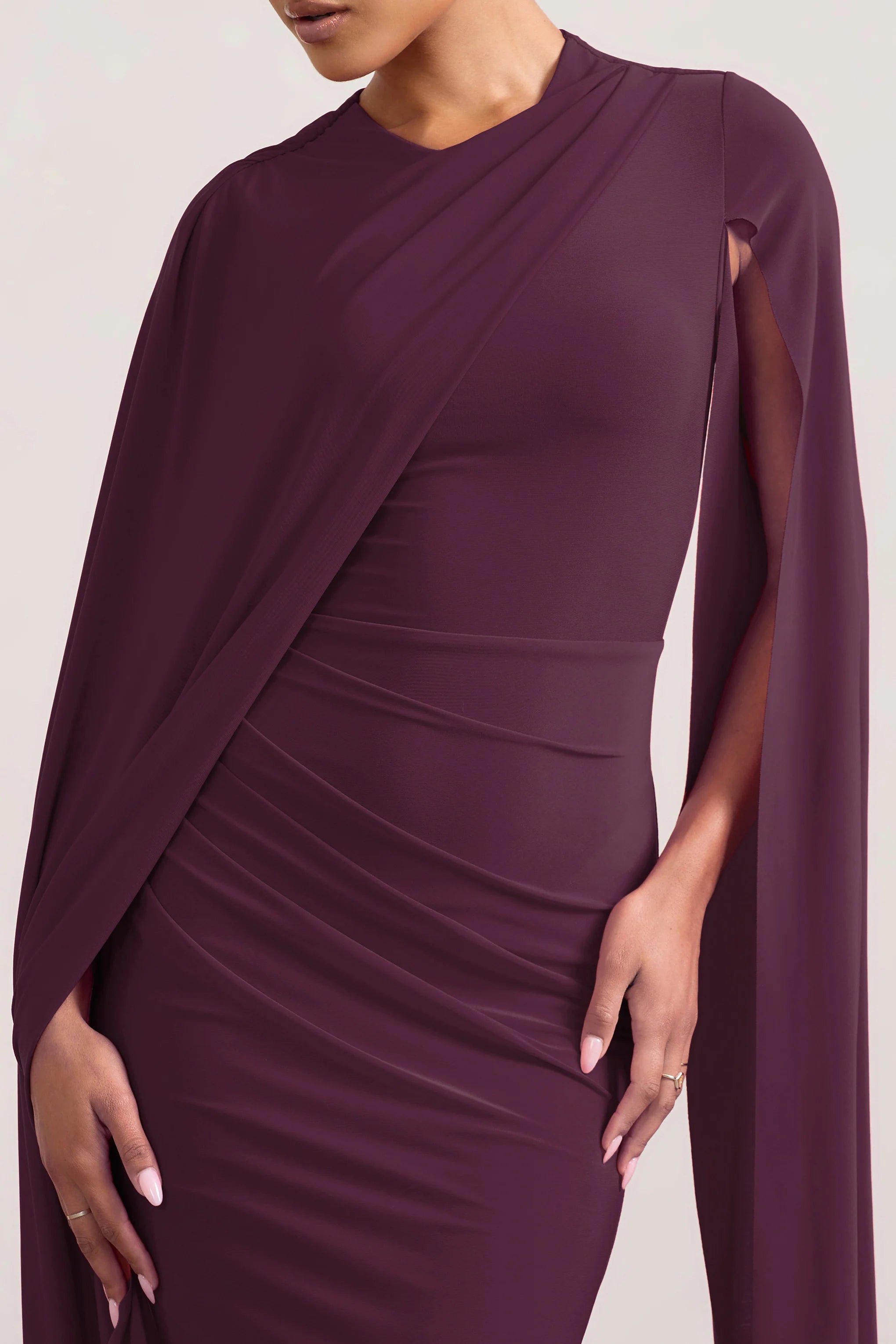 Marysol | Plum Asymmetric Cape Midi Dress