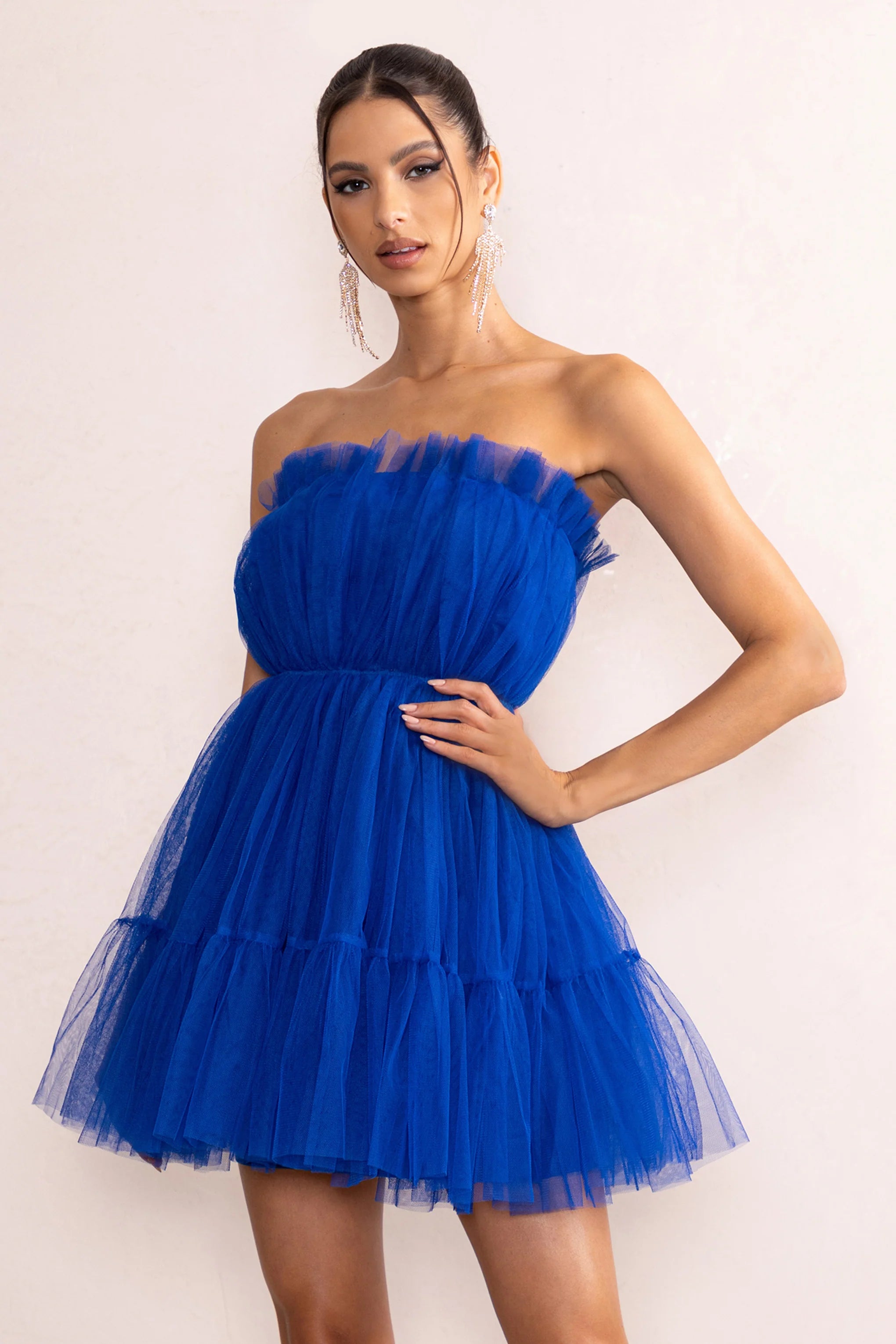 Aella | Cobalt Blue Bandeau Volume Pleated Tulle Mini Dress