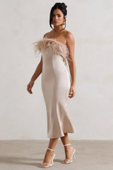 One And Only | Champagne Satin Feather Trim Midi Dress