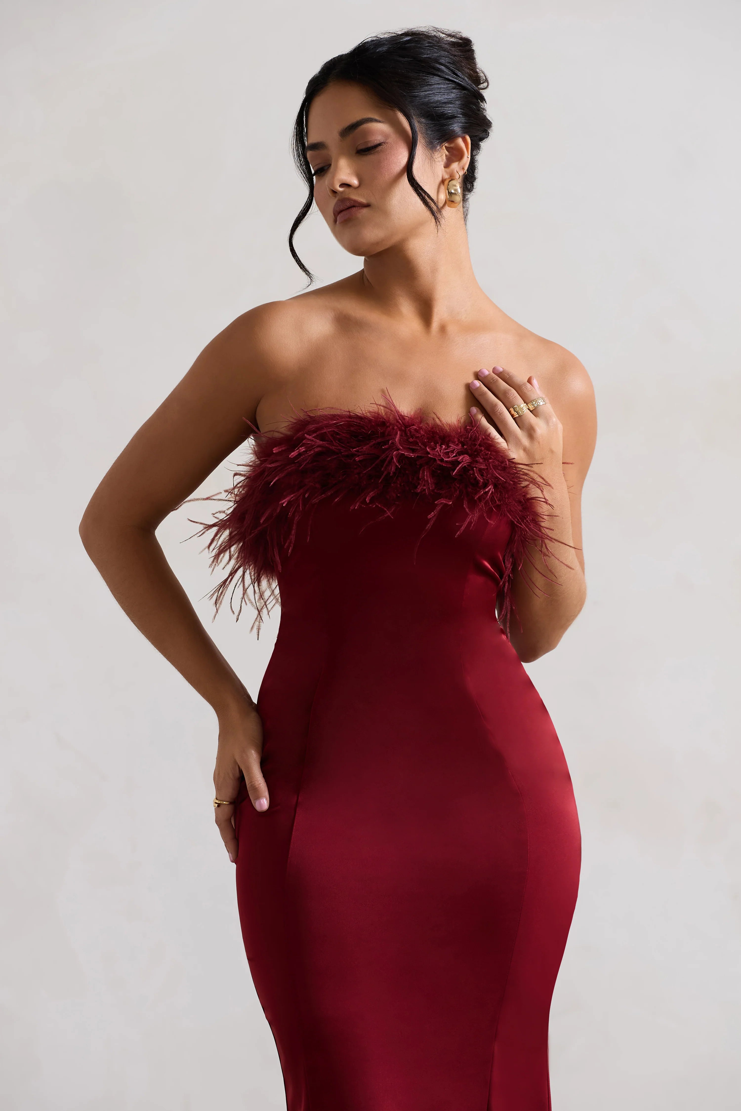 One And Only | Berry Satin Feather Trim Midi Dress