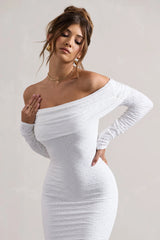 Emmeline | White Knitted Broderie Bardot Midi Dress