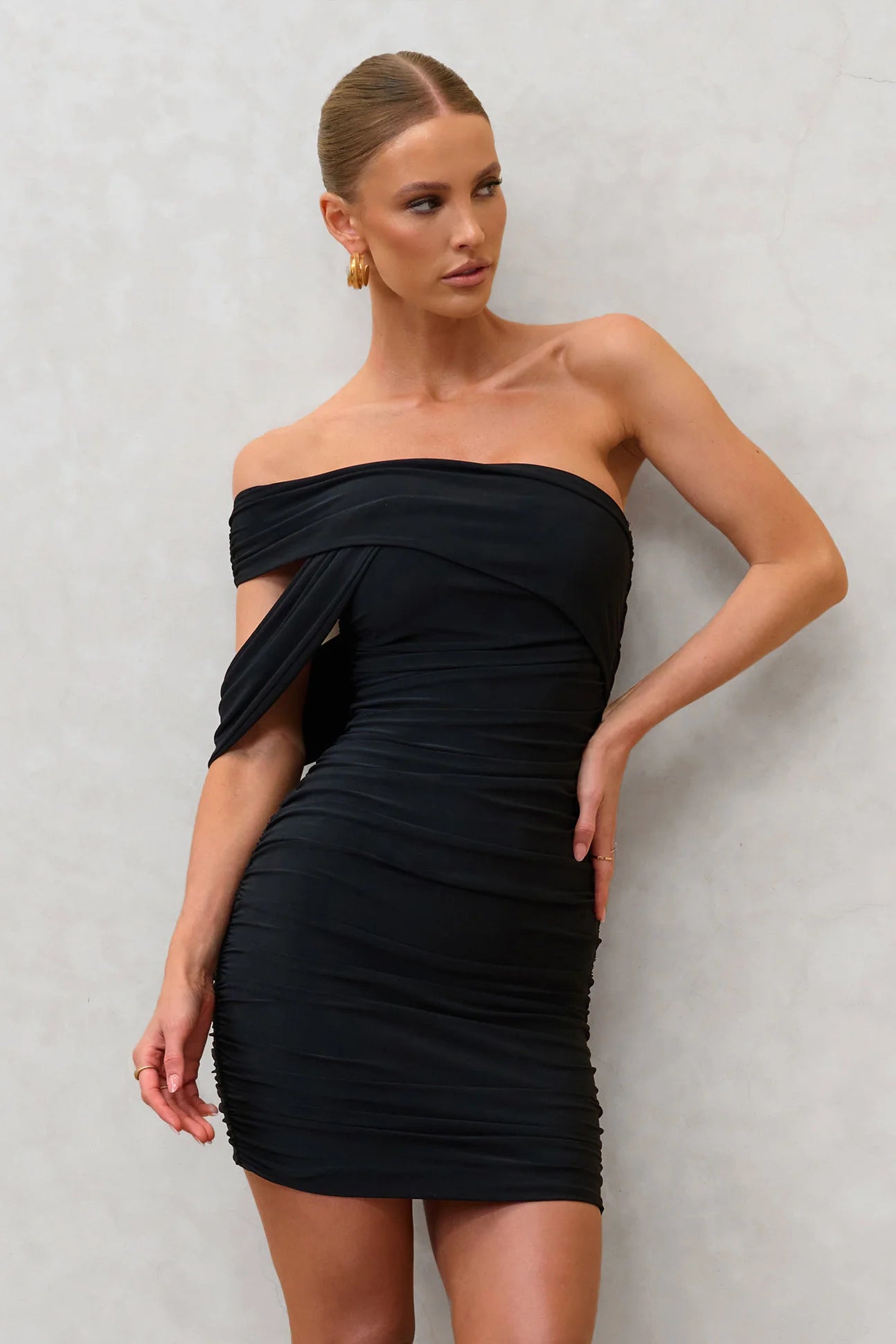 Doha | Black Asymmetric Neck Off The Shoulder Ruched Mini Dress