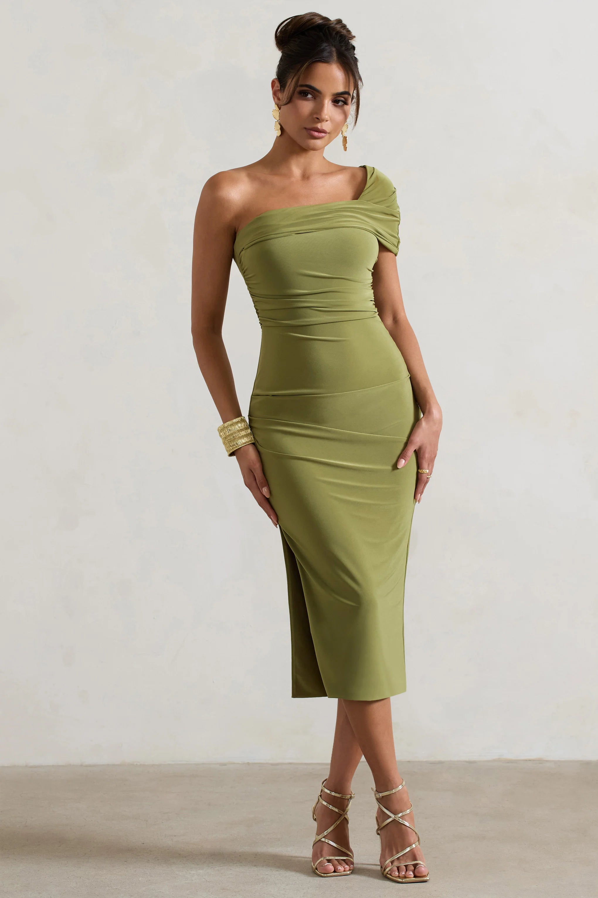 Hawaii | Olive Asymmetric One-Shoulder Split Midi Dress