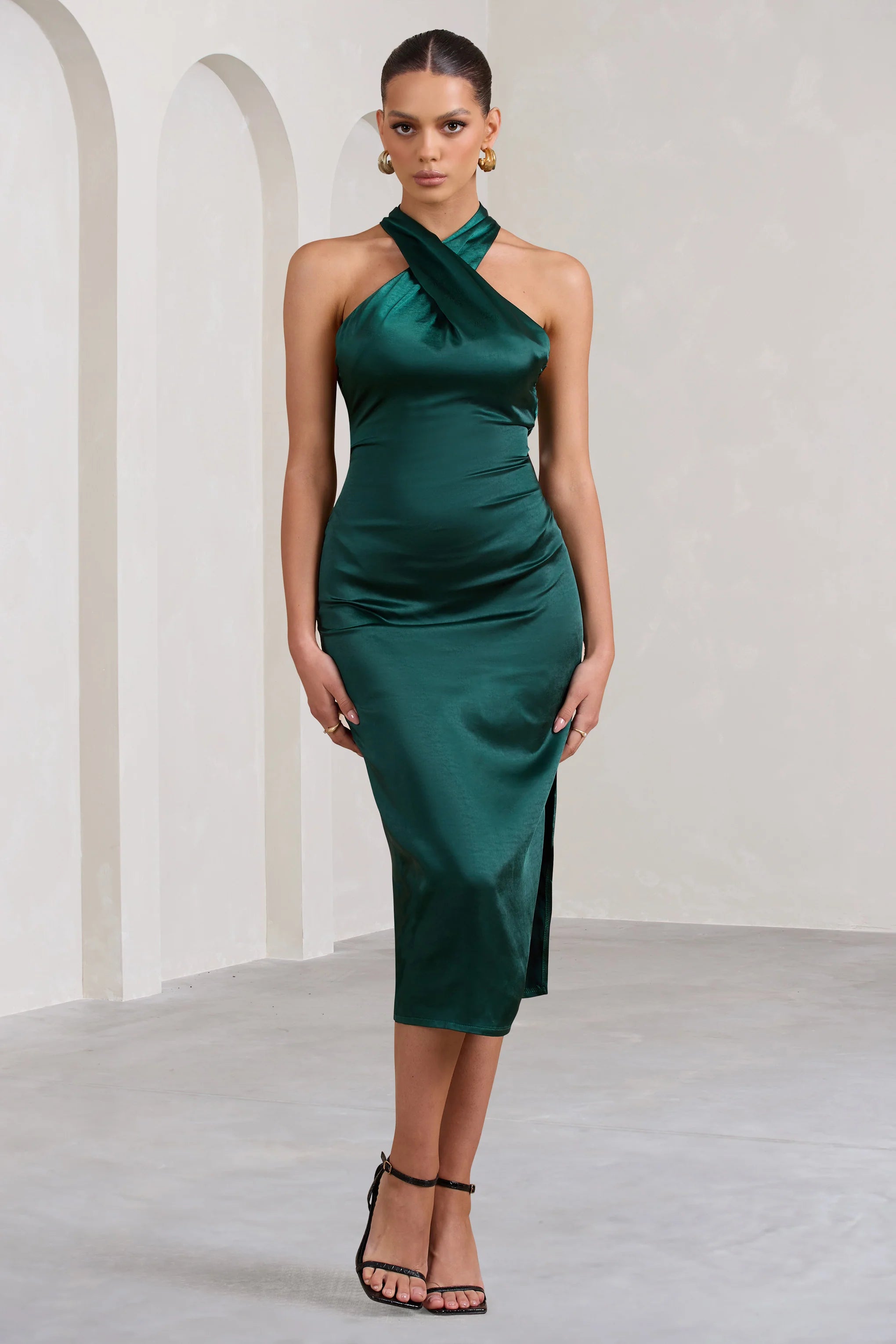 Dazzling | Bottle Green Satin Cross Over Halter Neck Midi Dress