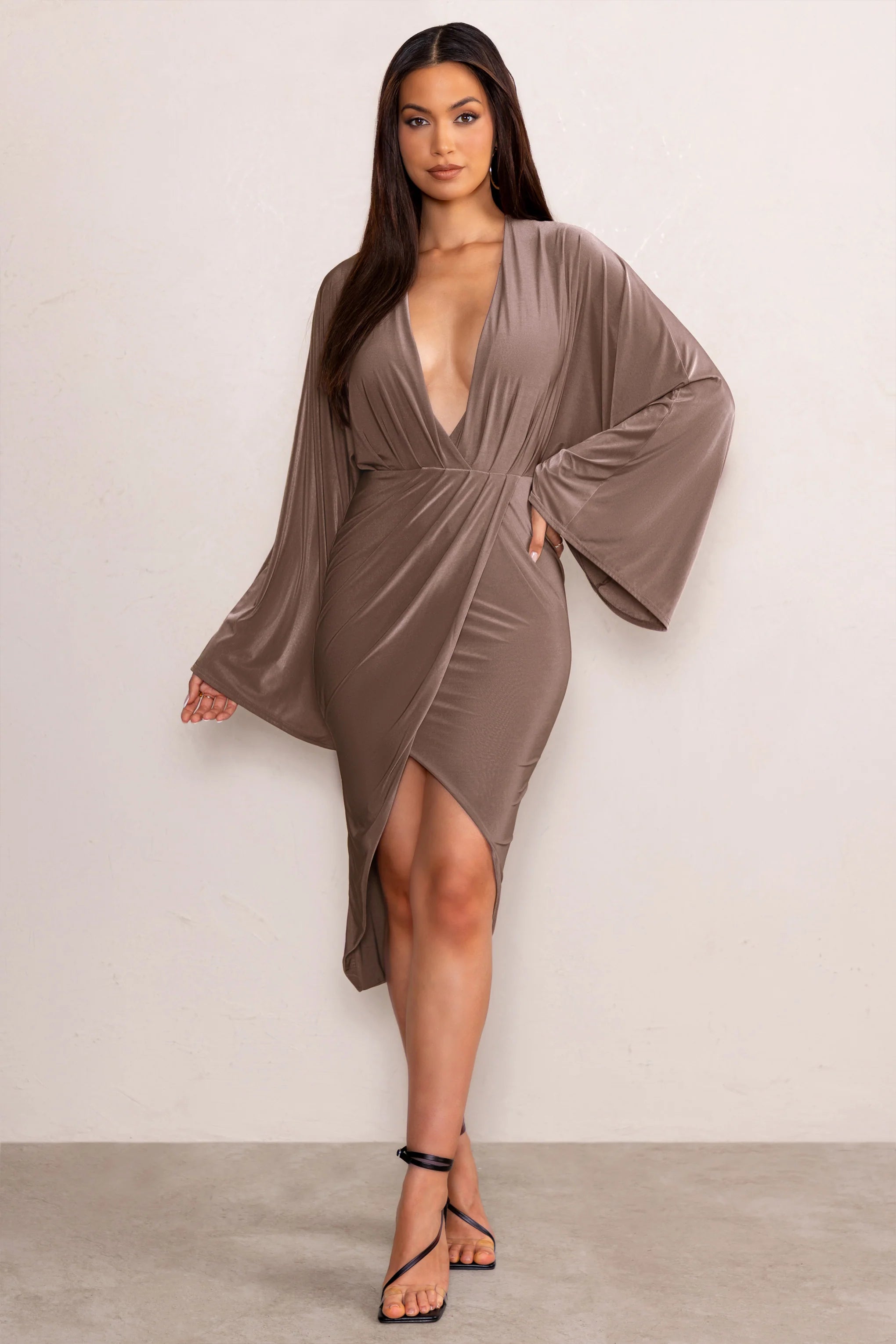 Audriana | Mocha Plunging Midi Wrap Dress