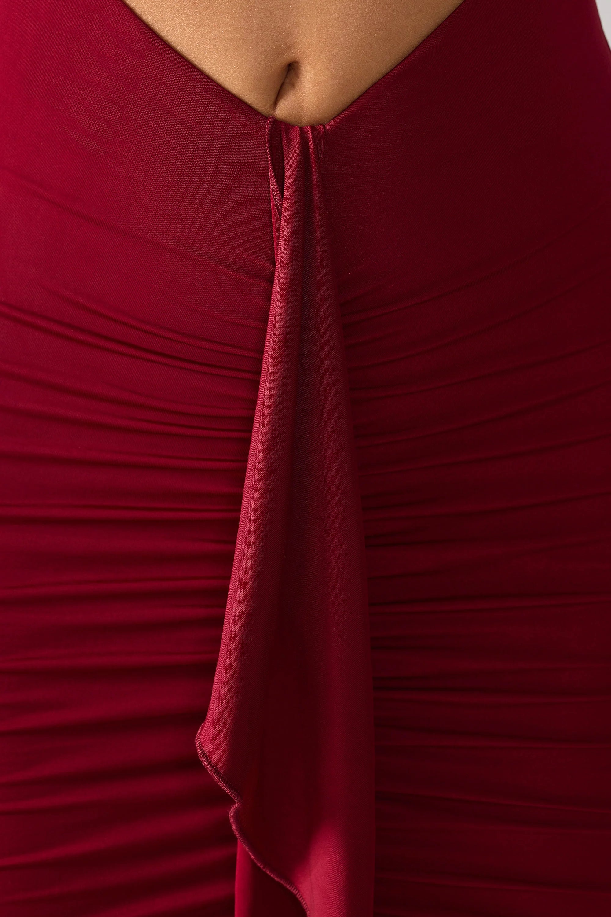 Slinky Jersey Cut Out Ruffle Racerback Maxi Dress in Ruby