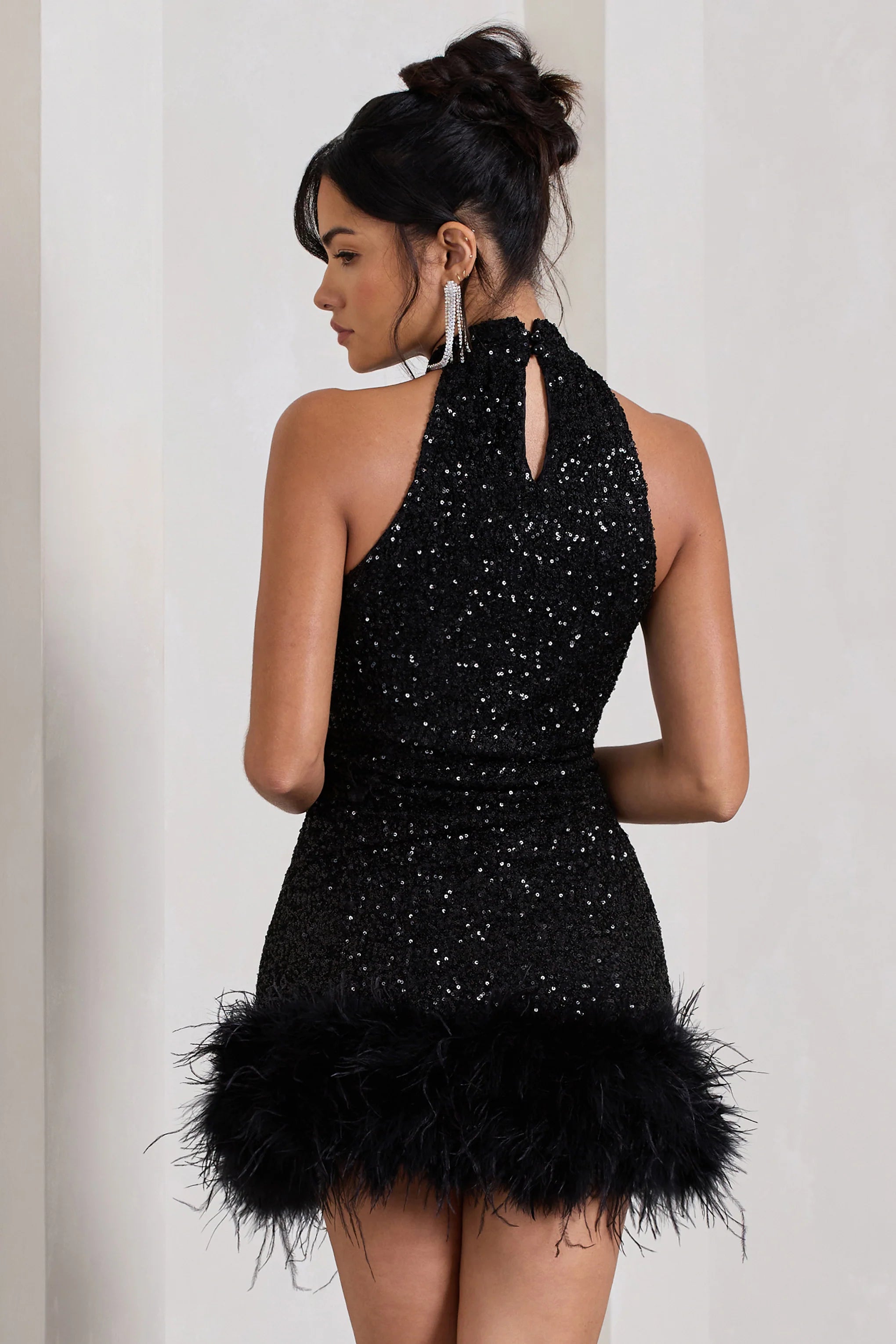 Tillie | Black Sequin High Neck Trapeze Mini Dress With Feather Hem Detail