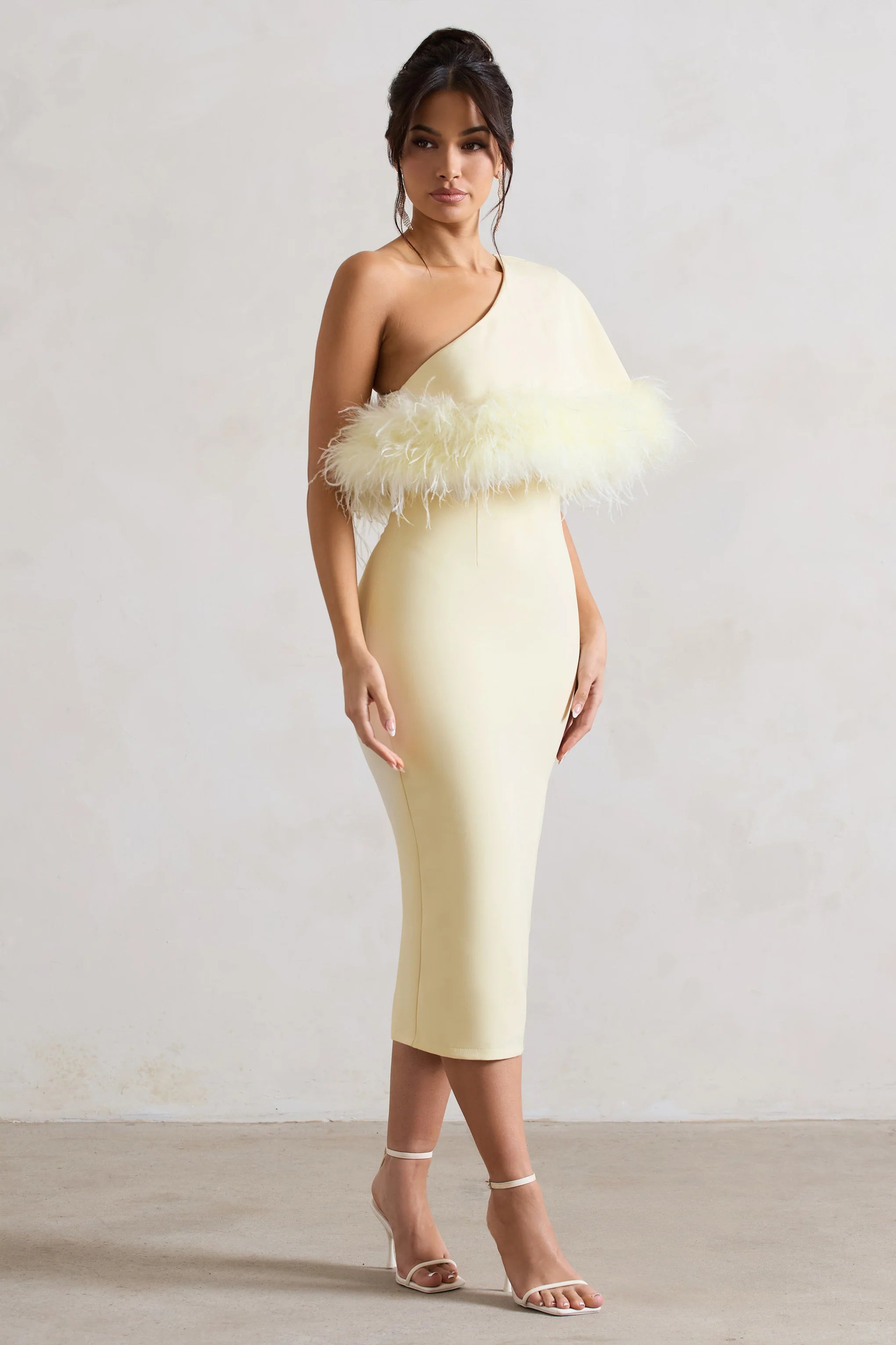 Victory | Lemon One Shoulder Midi Dress With Feather Trim