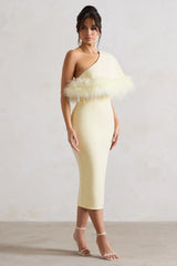 Victory | Lemon One Shoulder Midi Dress With Feather Trim