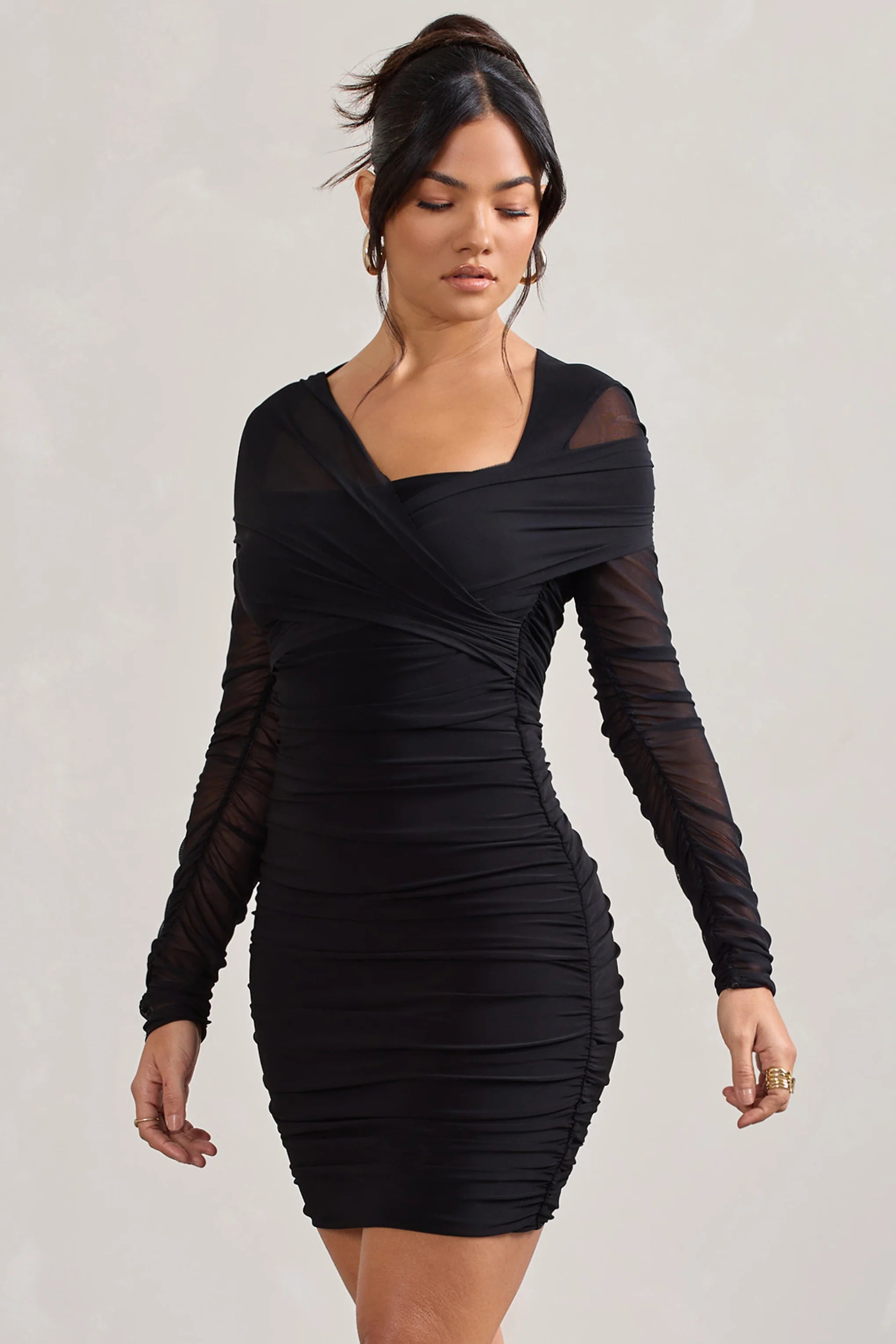 Sparks Fly | Black Ruched Mesh Long-Sleeved Bodycon Mini Dress