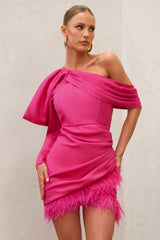 RSVP | Hot Pink Asymmetric Volume Sleeve Draped Feather Mini Dress