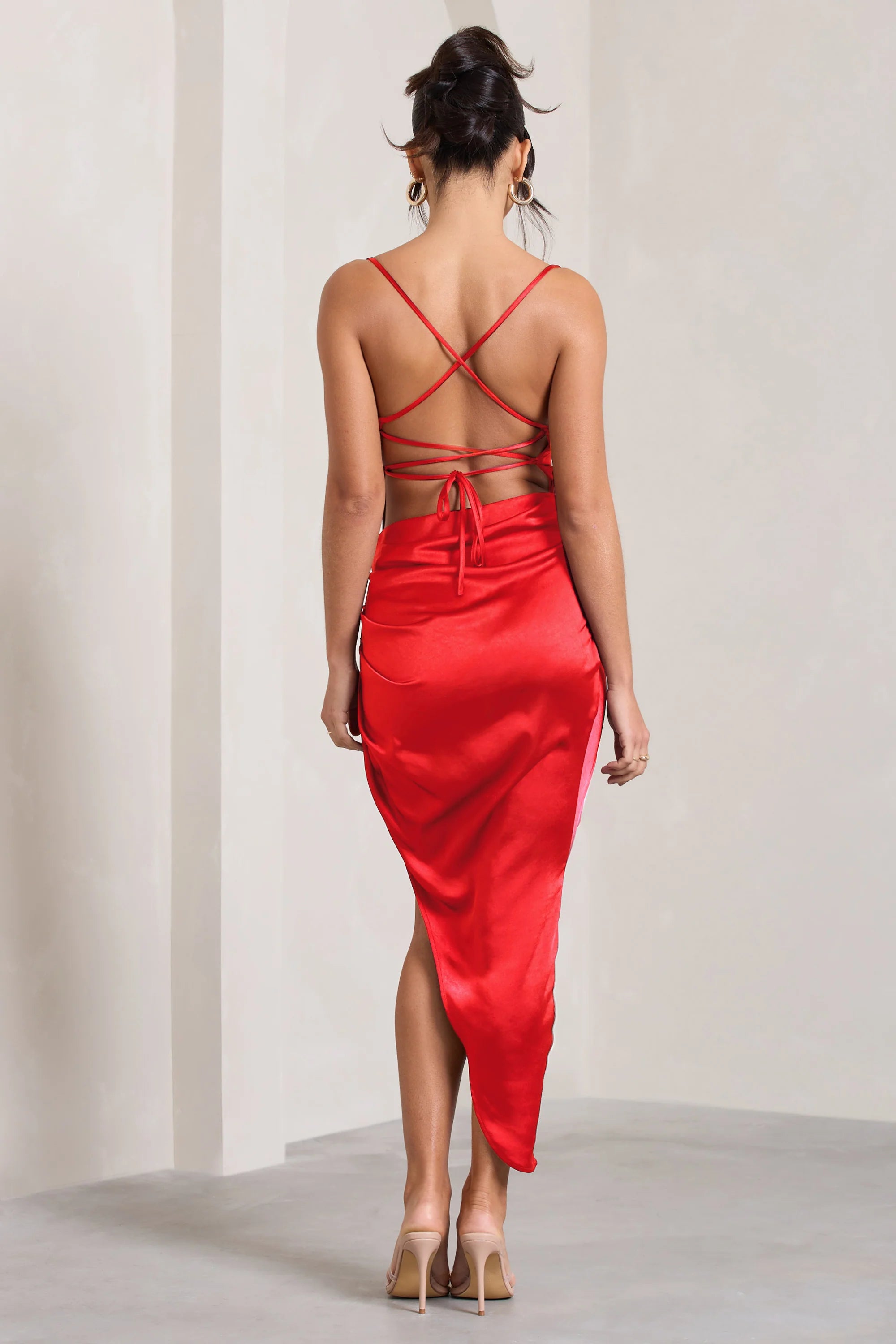 Risk It All | Red Cami Cowl Neck Satin Asymmetric Hem Midi Dress