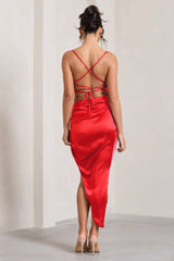 Risk It All | Red Cami Cowl Neck Satin Asymmetric Hem Midi Dress