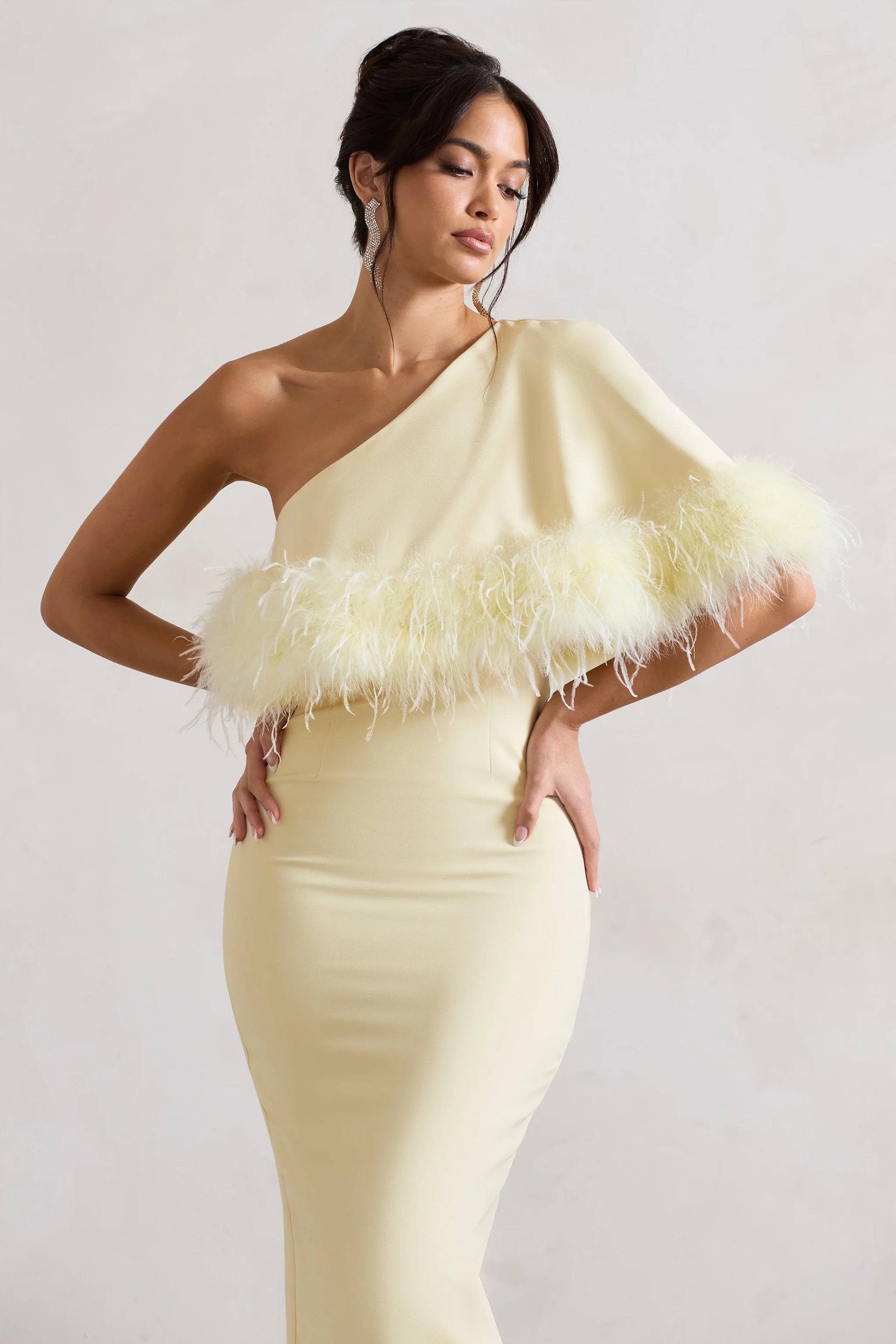 Victory | Lemon One Shoulder Midi Dress With Feather Trim