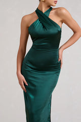 Dazzling | Bottle Green Satin Cross Over Halter Neck Midi Dress