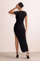 Stylin' | Black T-Shirt Style Midi Dress With Mesh Overlay And Curved Skirt