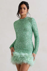 Claudia | Mint Sequin High Neck Feather Hem Mini Dress With Long Sleeves