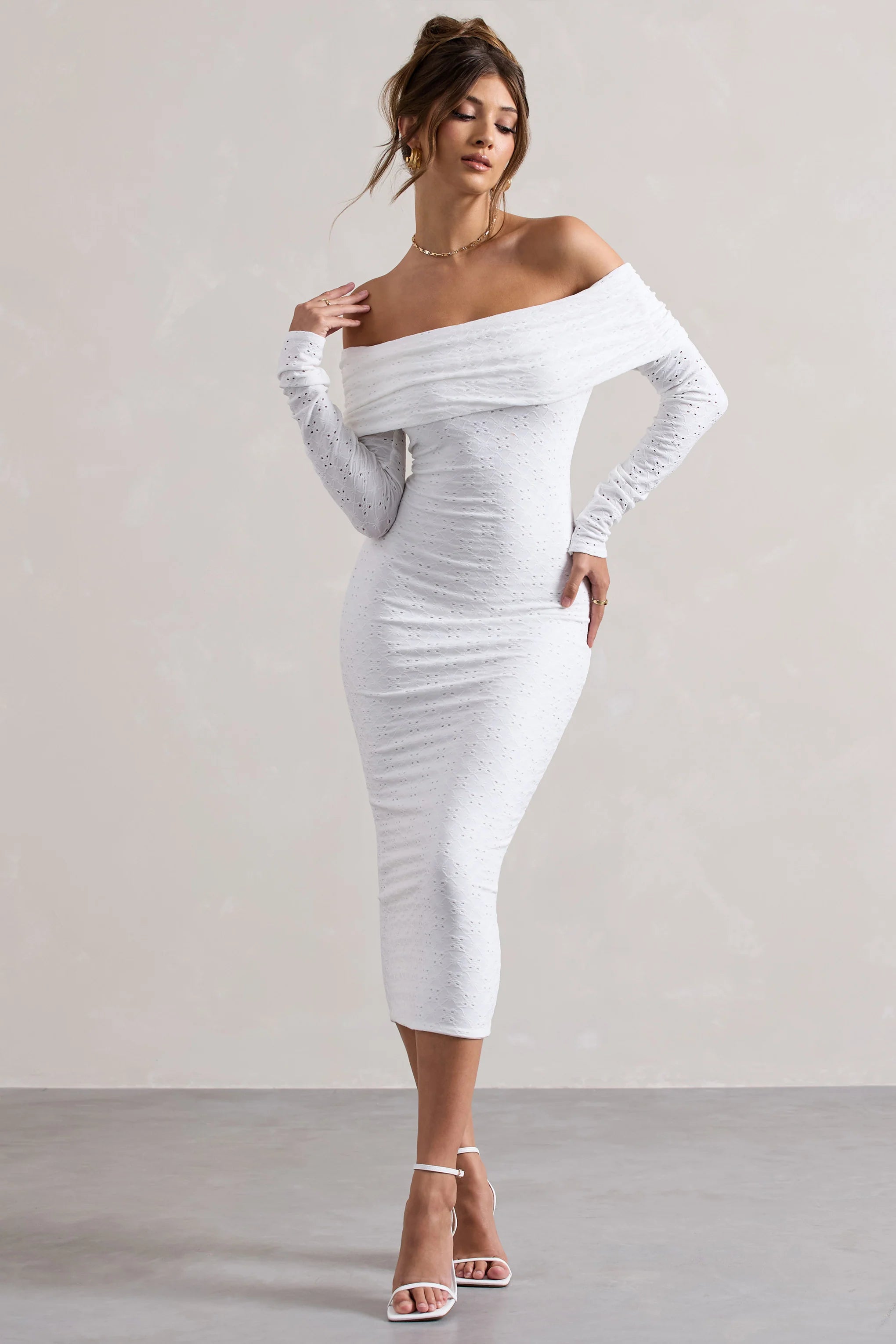 Emmeline | White Knitted Broderie Bardot Midi Dress