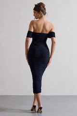 Lost For Words | Navy Bardot Ruched Draped Midi Dress