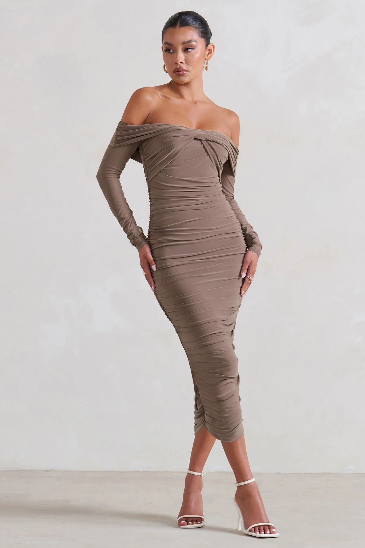 Neva | Mocha Bardot Twist Midi Dress