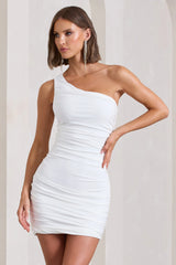 Onyx | White Ruched One Shoulder Mini Dress