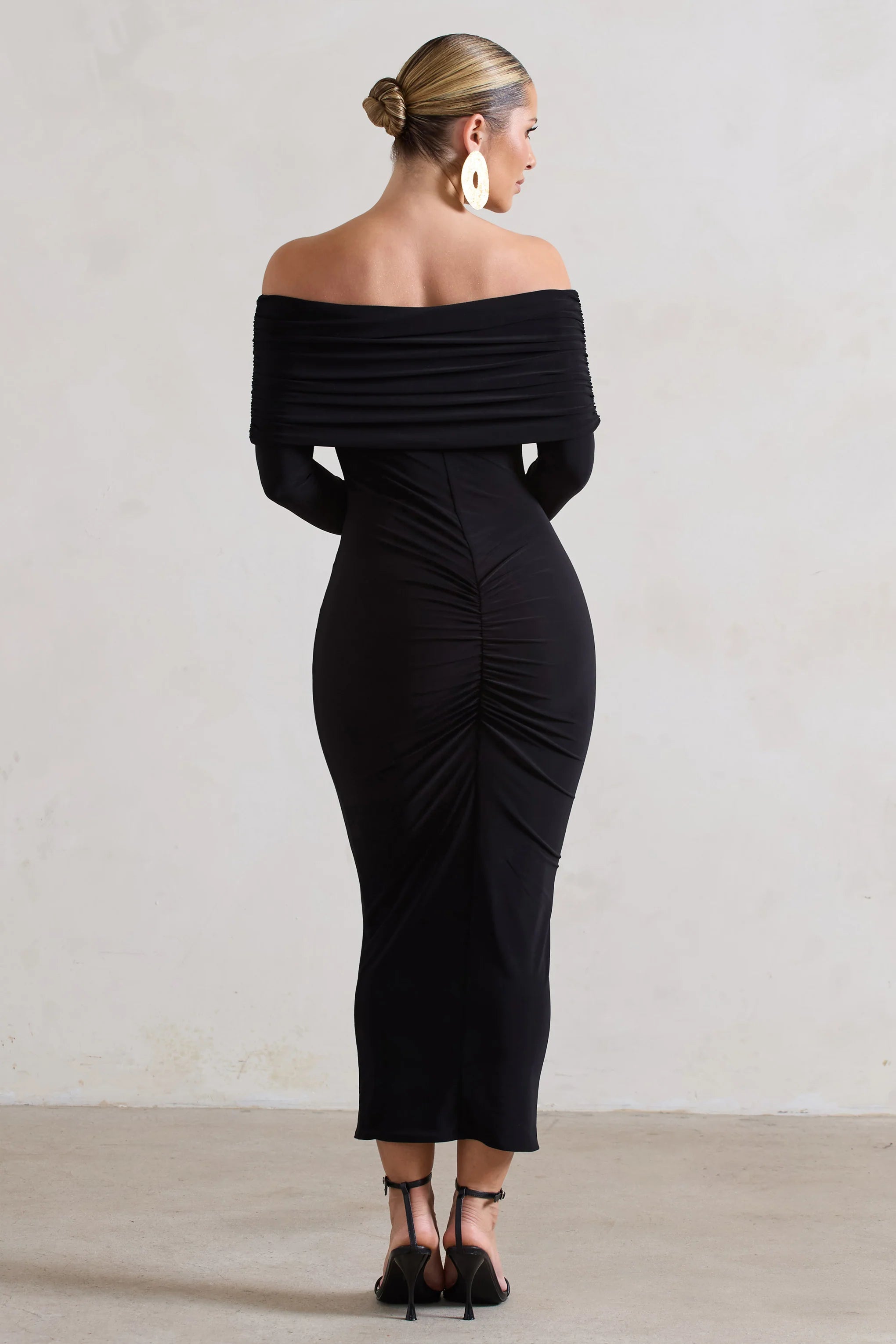 Marcella | Black Bodycon Bardot Midi Dress